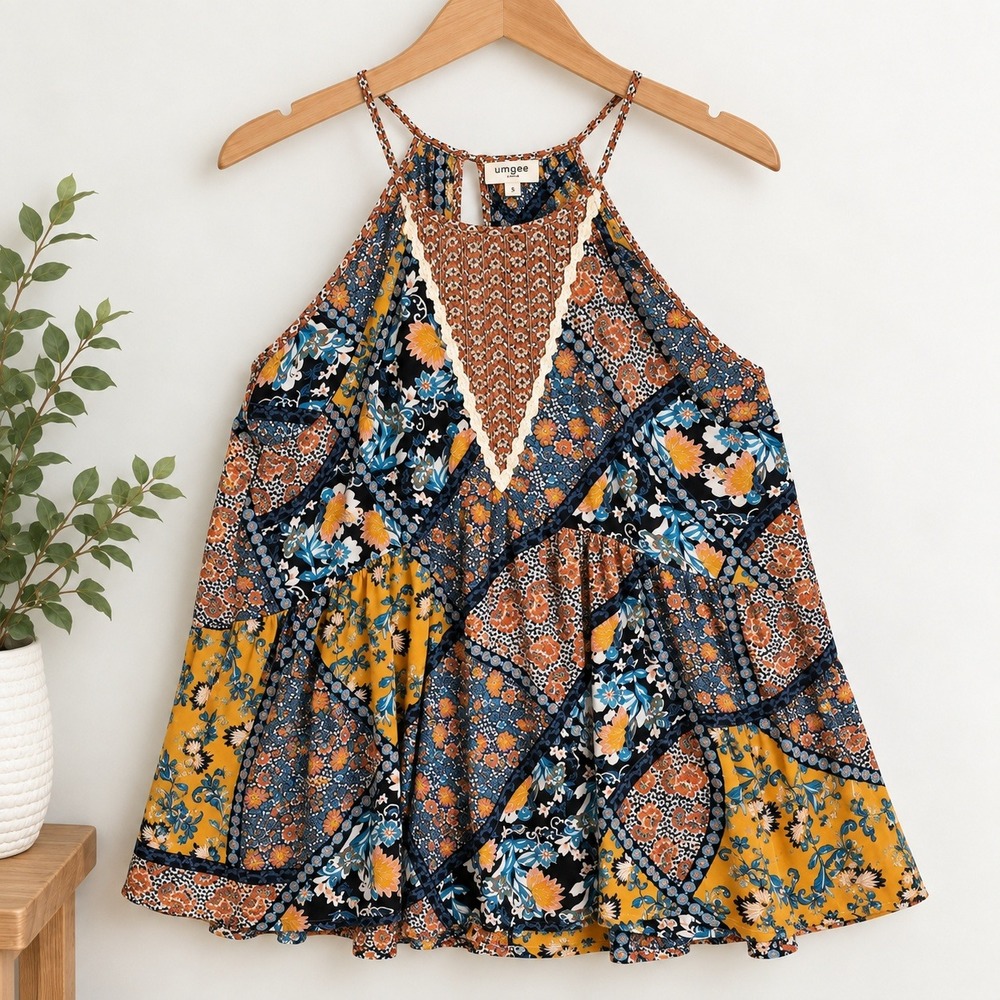 Umgee High Neck Top Women Large Multicolor Floral Patchwork Boho Babydoll Blouse